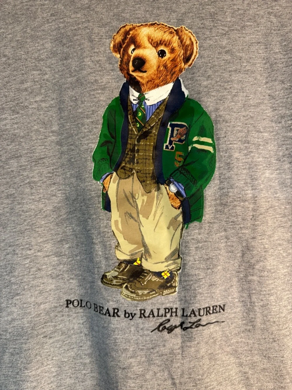 Vintage Polo by Ralph Lauren Gray Tee with Polo Bear in Green Jacket - Picture 9 of 13